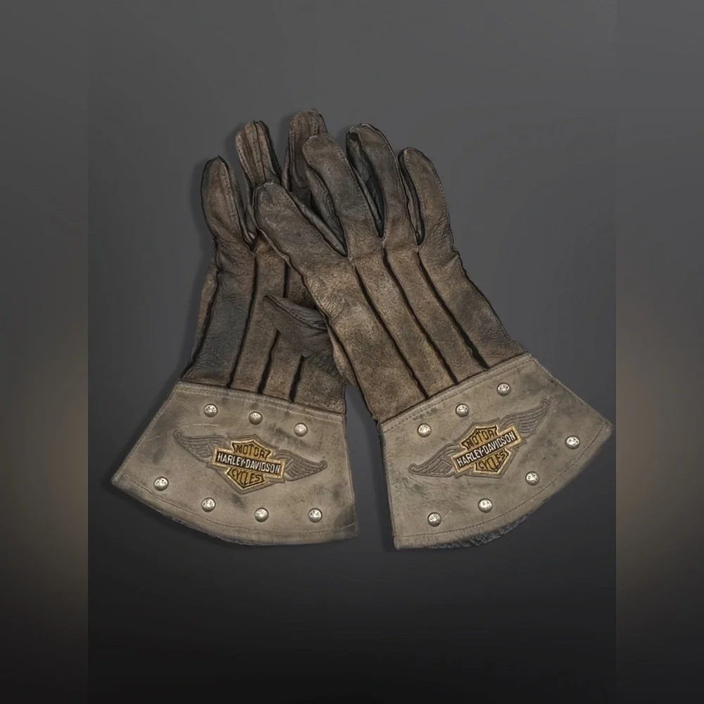 ⚡️HARLEY-DAVIDSON⚡️ Vintage Leather/Studded Guantlet Motorcycle Gloves - Picture 2 of 14